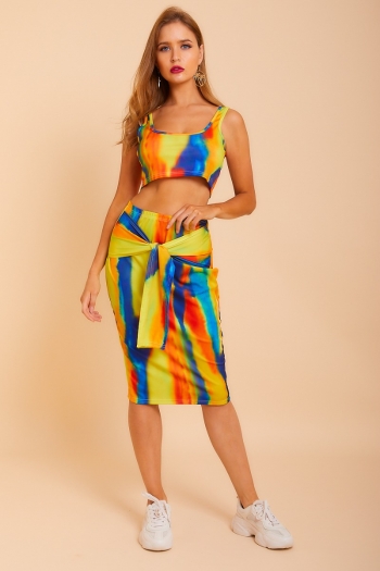sexy stylish 2 colors tie dyed printed stretch vest and mid-skirt