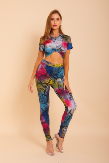 Sexy trend high stretch multicolor snake printed T-shirt and slim pants