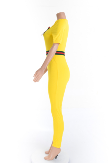 Stylish elegant 3 colors high stretch bow short-sleeve slim jumpsuit