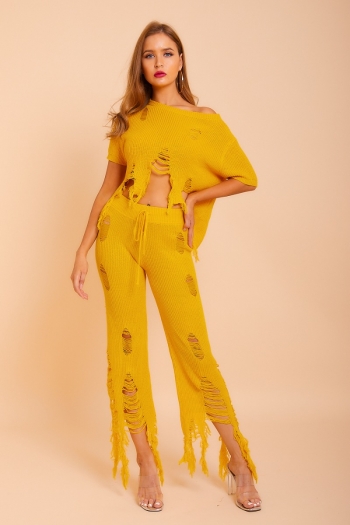 Stylish sexy personality yellow stretch tassels holes irregular sweater and  trousers two-piece sets