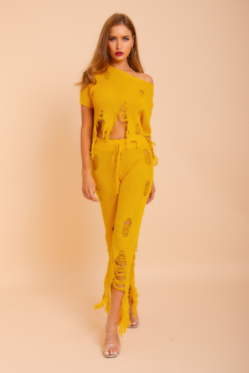 Stylish sexy personality yellow stretch tassels holes irregular sweater and  trousers two-piece sets