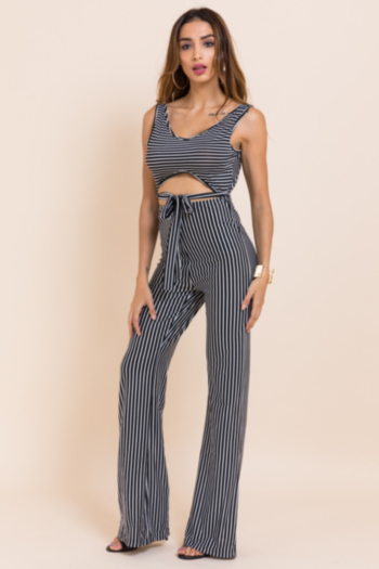 Plus size stylish sexy stretch 2 colors streaks printed sleeveless wide leg jumpsuit