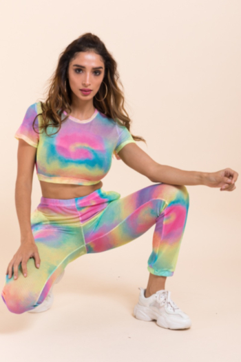 Sexy stylish multicolor tie-dyed print see through mesh two-piece sets