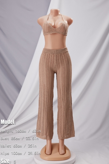 Sexy stylish solid color knitted hollow hanging neck stretch two-piece sets