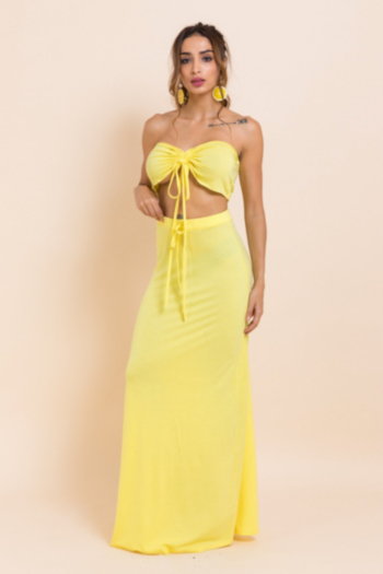 Sexy stylish style stretch solid color tube top vest and long skirt