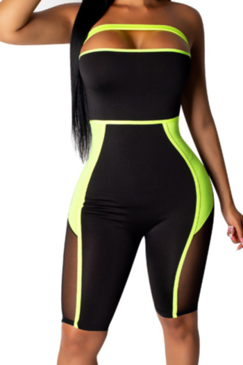 Plus size sexy sports high stretch 3 colors see through mesh stitching tube top slim jumpsuit
