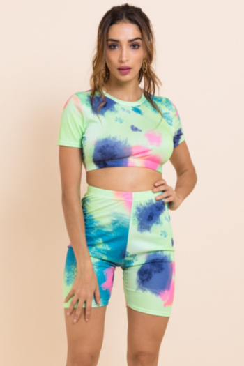 Plus size casual sports tie-dyed printed short-sleeve stretch two-piece sets