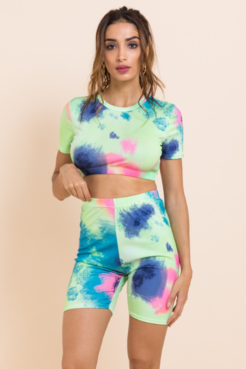 Plus size casual sports tie-dyed printed short-sleeve stretch two-piece sets