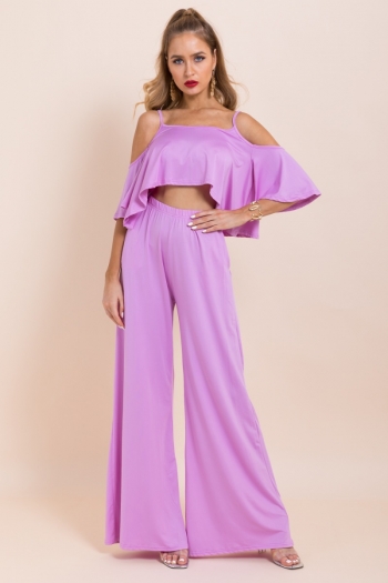 stylish casual solid color sling off-shoulder ruffle wide leg stretch two-piece sets