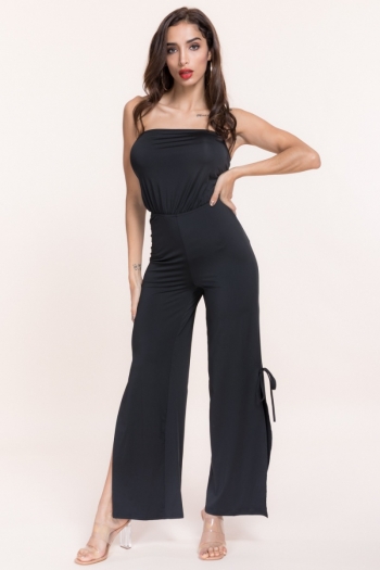 stylish sexy stretch solid color tube top wide leg jumpsuit