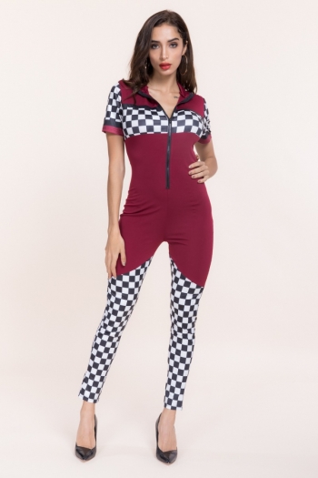 s-xxl stylish sports high stretch 3 colors lattice print stitching zipper slim jumpsuit
