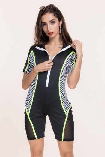 plus size sports sexy stretch mesh stitching zipper jumpsuit
