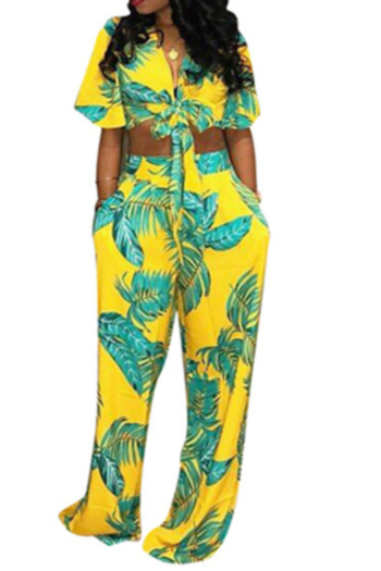 yellow leaf printing starppy front wide leg jumpsuit