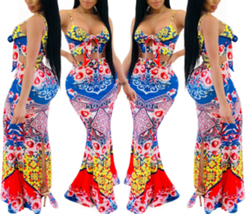 Women's Printed  Sexy Sling Fishtail Multicolor Two-Piece Sets