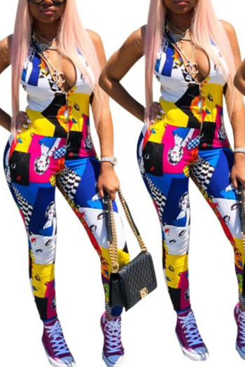 Summer Sexy V-Neck Zipper Sleeveless Printed Multicolor Jumpsuit