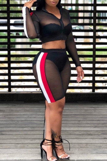 Sexy Casual Mesh  Plus-Size Solid Color Two-Piece Sets