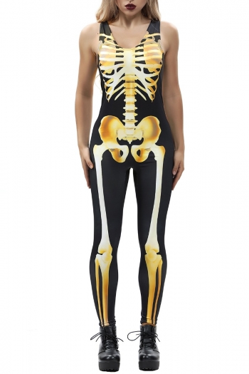 Halloween New Arrive Tight-Fitting Printed Novelty Solid Color Bone Pattern Jumpsuit 
