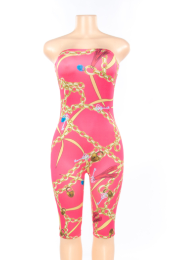 Sexy Women's Pink Gold Chain Printed Off-Shoulder Retro Jumpsuit