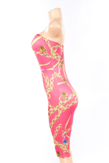 Sexy Women's Pink Gold Chain Printed Off-Shoulder Retro Jumpsuit