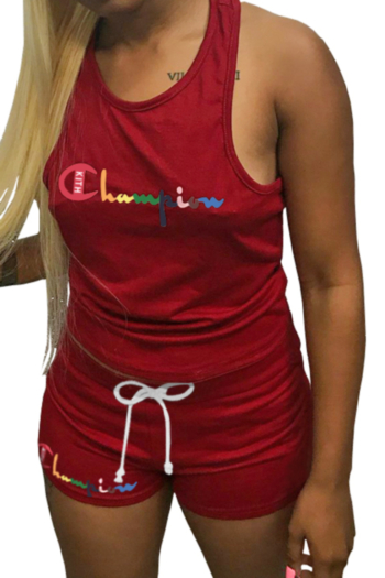 Casual Solid Color Printed Letter Sleeveless Sports Strap Two-Piece Sets