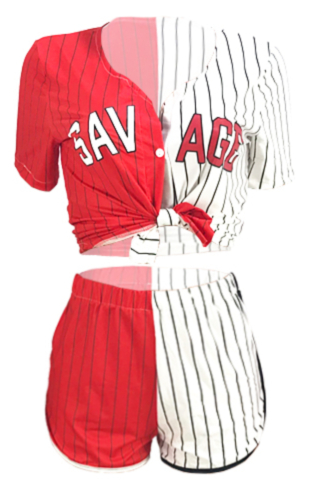 Women's Stitching Stripes Letter V-Neck Sports Casual Two-Piece Sets