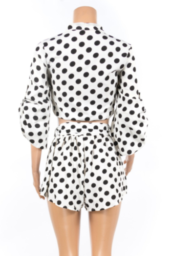 Two Piece Polka Dot Deep V Puff Sleeve Belted Sexy Navel Dress