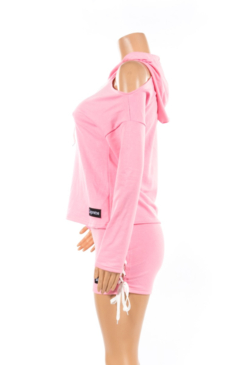 Autumn Long Sleeve Pink Bandage Sports Style Hooded Two Piece Set Jumpsuit