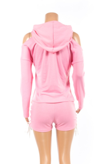 Autumn Long Sleeve Pink Bandage Sports Style Hooded Two Piece Set Jumpsuit