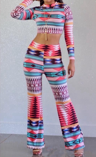 multicolor digital printing top&flare pants 2pc jumpsuit