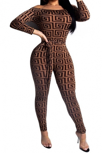 sexy word shoulder digital printing belted slim jumpsuit