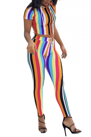 Mixed Color Stripes Hooded Two-piece Set
