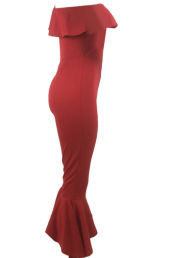 Shoulder Slim Flounce Red Jumpsuit