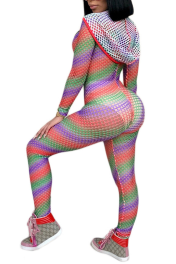 Sexy Fishing Net Perspective Rainbow Zipper Hooded Jumpsuit