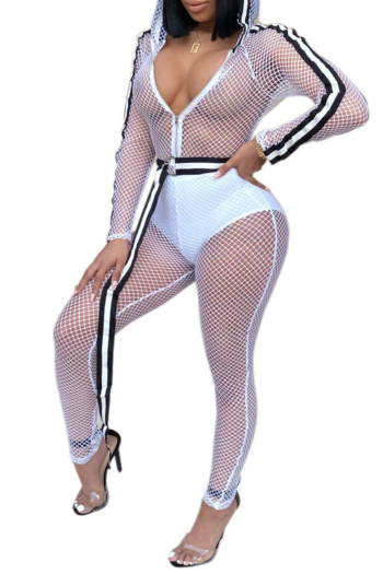 Fishnet Side Striped Hooded Jumpsuit With Belt