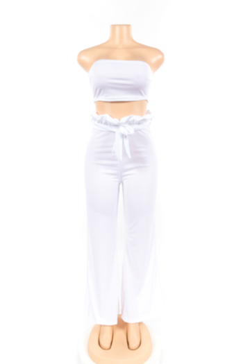 Pure Color Tube Top Two-piece Wide Leg Pants With Belt