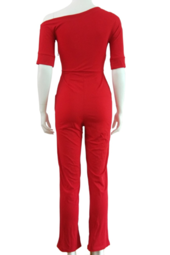 Fashion shoulder red short sleeve jumpsuit
