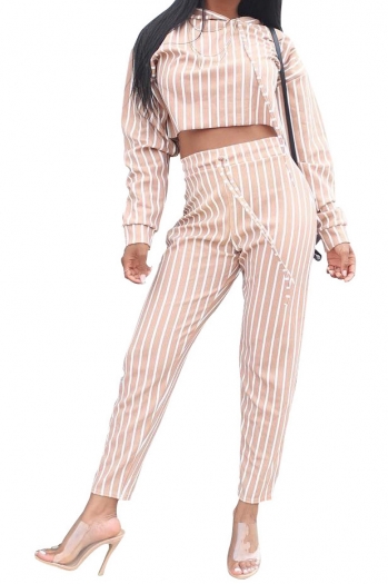Fashion vertical strip printing hood rope long sleeve two-piece suit