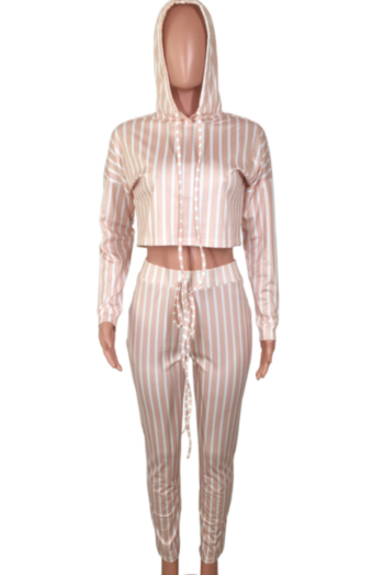 Fashion vertical strip printing hood rope long sleeve two-piece suit
