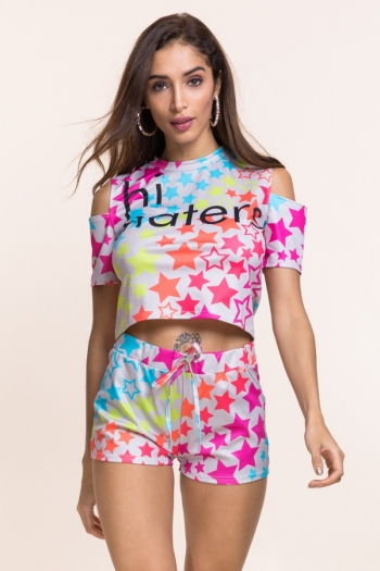 new s-xxl colored five-pointed stars and letters print stretch waist lacing stylish casual two-piece sets
