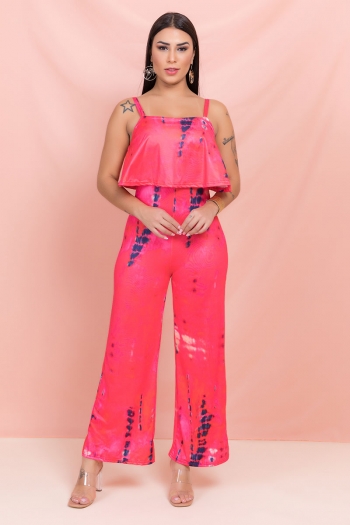 new tie-dyed print stretch back zip-up wide leg stylish casual jumpsuit