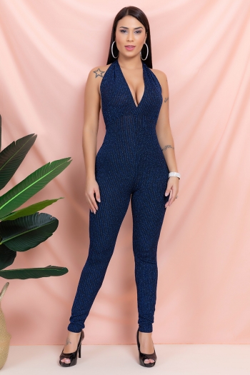 new plus size solid color high stretch tuck stitch halter neck deep v sexy tight jumpsuit