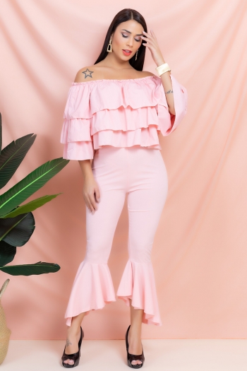 autumn new plus size solid color heavy ruffles top with stretch bell-bottoms stylish two-piece set