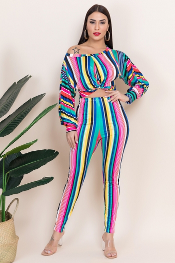 autumn new plus size colorful stripes print stretch puffed - sleeve stylish casual two-piece set