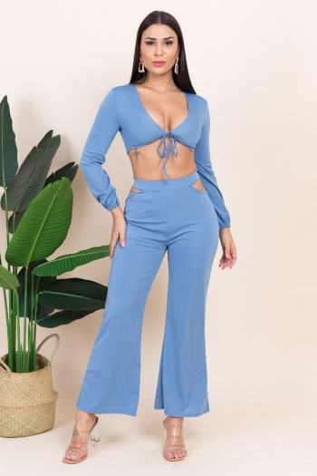 autumn new solid color stretch v-neck chest lacing hollow sexy two-piece set