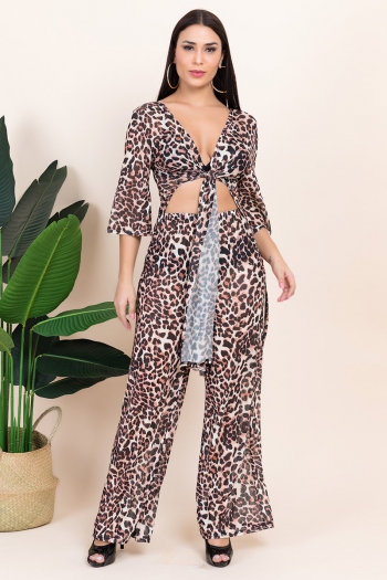 autumn new plus size sexy leopard print stretch see through mesh cardigan with wide leg pants