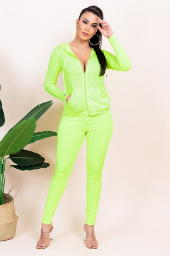 autumn new plus size solid color stretch zip-up pocket hoodie with leggings sport two-piece set