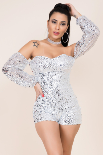 autumn new plus size micro-elastic mesh sequins decorate tube top sexy playsuit with lining