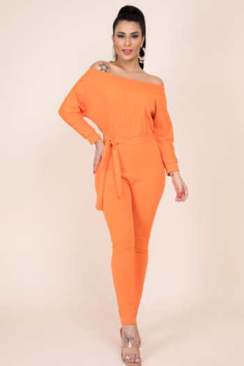 autumn winter new plus size solid color stretch boatneck stylish casual jumpsuit with belt
