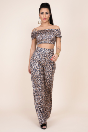 autumn new leopard print stretch tube top ruffle wide leg sexy two-piece set