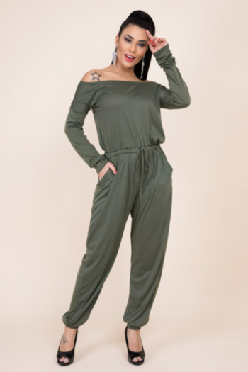 autumn new solid color stretch boatneck waist-controlled lacing pocket stylish jumpsuit